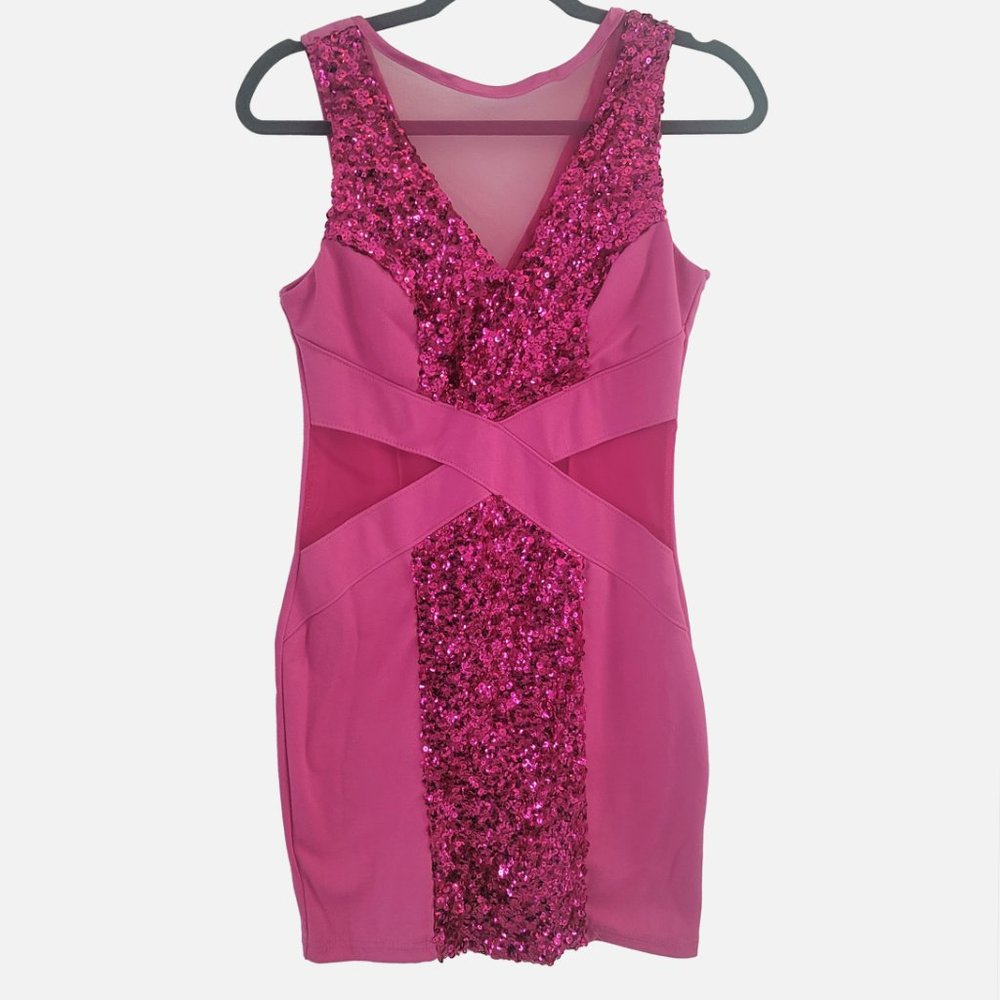 Poof Apparel Mesh Sequenced Hot Pink Bodycon Dress - Large, runs small